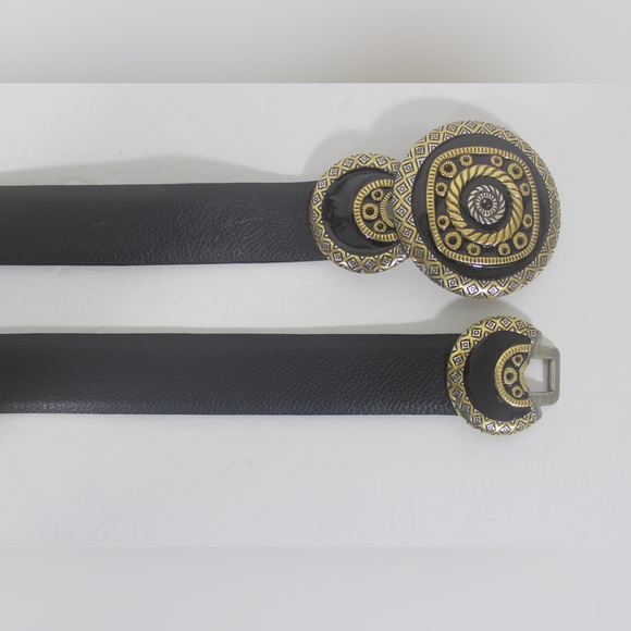 CHICO’S Black Leather Belt with Gold Silver Black Medallion Metal Buckle - Picture 3 of 7